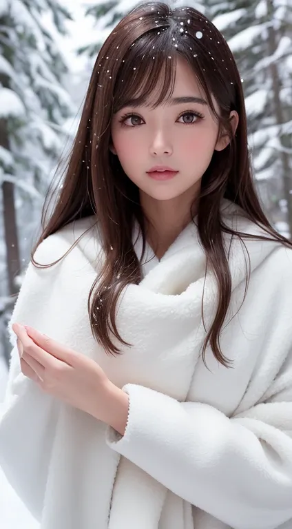 1womanl, up of face, light brown hair, Blunt bangs, hair behind ear, hair over shoulder, Long hair, slender body shape, Ultra Fine Face, Thin face, Delicate lips, Beautiful eyes, thin blush, eyes are light brown,View here, Ultra-thin hands, Ultra-fine fing...