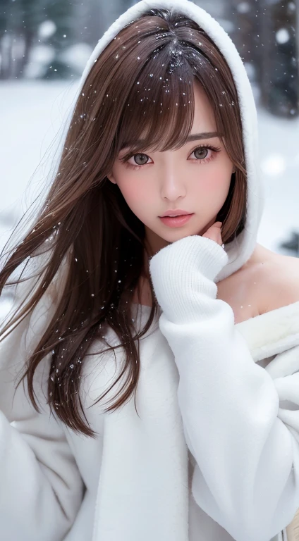 1womanl, up of face, light brown hair, Blunt bangs, hair behind ear, hair over shoulder, Long hair, slender body shape, Ultra Fine Face, Thin face, Delicate lips, Beautiful eyes, thin blush, eyes are light brown,View here, Ultra-thin hands, Ultra-fine fing...