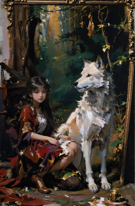 The story of girl and wolves，Give her a warm and innocent feeling.  8K, k hd, Detailed faces, 詳細な目，hyper realisitc, + Cinema lenses + dynamic combination, At the back、That tree needs to depict the forest background，Dappled sunlight shines through the gaps ...