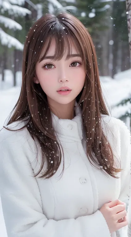 1womanl, up of face, light brown hair, Blunt bangs, hair behind ear, hair over shoulder, Long hair, slender body shape, Ultra Fine Face, Thin face, Delicate lips, Beautiful eyes, thin blush, eyes are light brown,View here, Ultra-thin hands, Ultra-fine fing...