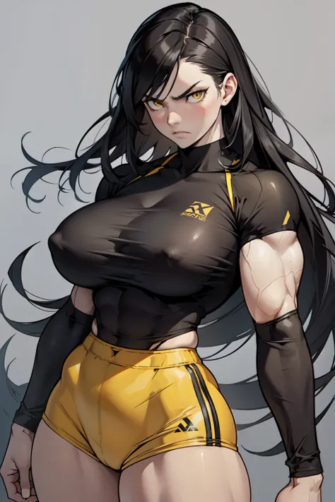 ((1girl)) pale skin huge breasts (muscular) toned body thick thighs black hair yellow eyes (long hair grey background) bodybuilder angry tight shirt