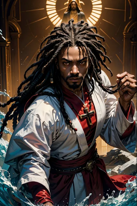 1man, black Jesus with dreadlocks, wearing action-packed white and red robe, wearing monk rosary, fierce expression, serious, glowing sharp eyes, holding to his chest a radiant energy in the form of a cross, dark fantasy scene, (masterpiece), (high quality...