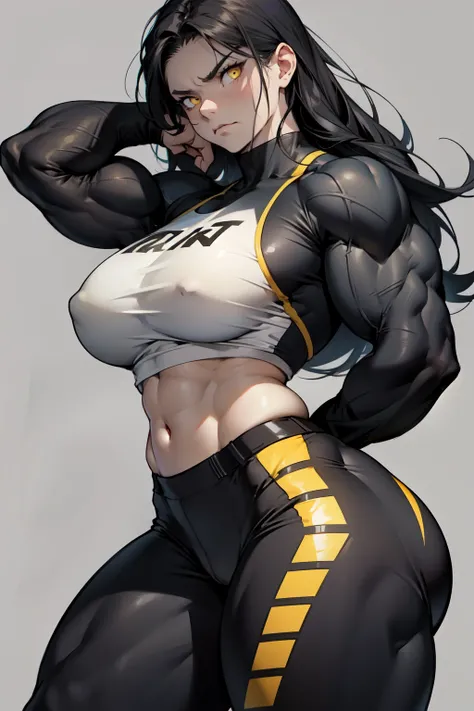 ((1girl)) pale skin huge breasts (muscular) toned body thick thighs black hair yellow eyes (long hair grey background) bodybuilder angry tight shirt