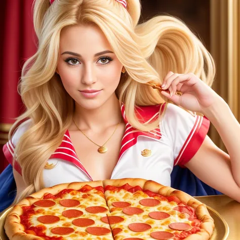 (Photorealistic, best quality, 4k, 8k, high res, masterpiece:1.2), ultra-detailed, golden bronde hair, long hair, mature and beautiful, realistic portrayal:1.2, Sailor Moon enjoying a delicious pepperoni pizza