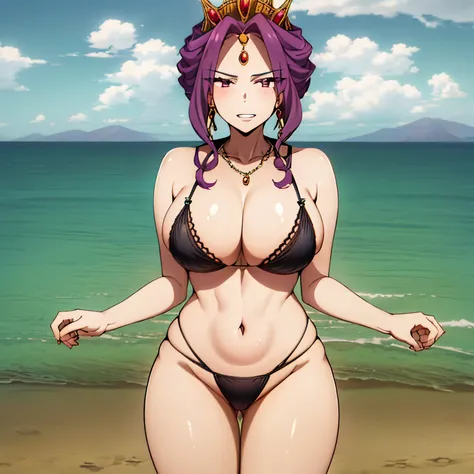 Mirellia_q_melromarc, Milf, 1 girl, alone, Standing, (big breasts), (wide hips), (wide thighs), (black bikini), (black bra), (black thong), (teeth), crown, necklace, purple_hair, purple_eyes, lips, jewelry, earrings, Smile, beach, embarrassed