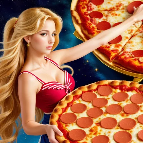 (Photorealistic, best quality, 4k, 8k, high res, masterpiece:1.2), ultra-detailed, golden bronde hair, long hair, mature and beautiful, realistic portrayal:1.2, Sailor Moon enjoying a delicious pepperoni pizza