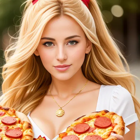 (Photorealistic, best quality, 4k, 8k, high res, masterpiece:1.2), ultra-detailed, golden bronde hair, long hair, mature and beautiful, realistic portrayal:1.2, Sailor Moon enjoying a delicious pepperoni pizza