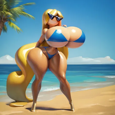 best quality,ultra-detailed,realistic:1.37,bikini,beach scene,blonde girl with large breasts,beautiful smile,bright sunglasses,teeth,soft sunlight,flowing straight hair,very long hair cascading down,blue bikini,strapless top,sexy g-string thong,narrow wais...