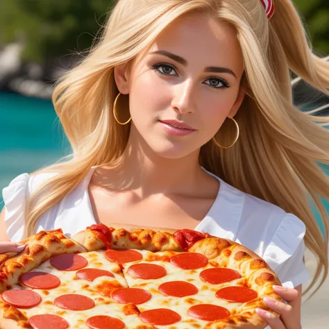 (Photorealistic, RAW photography, best quality, 4k, 8k, high res, masterpiece:1.2), ultra-detailed, golden bronde hair, long hair, mature and beautiful, realistic portrayal:1.2, Sailor Moon enjoying a delicious pepperoni pizza