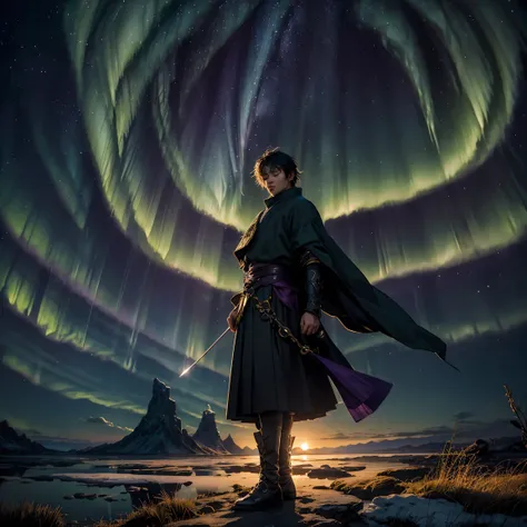 Prompt: "Describe the majestic scene of a character named Gojo Satoru standing under a brilliant full moon, eyes closed, in a leaning pose. The night sky is adorned with countless stars, and the captivating Aurora Borealis paints the sky in shades of purpl...