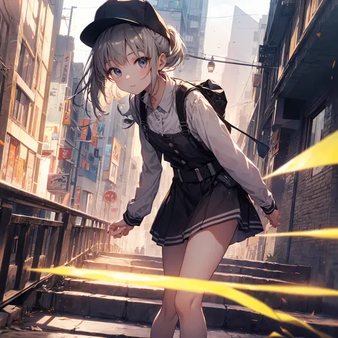 portrait, photo, a 11-year-old girl with short hair in a ponytail wearing a bill cap and possessing a small, androgynous charm walking through a city in a fantasy-themed setting, high quality, Rule of Thirds, centered on the subject, eye level shot, medium...