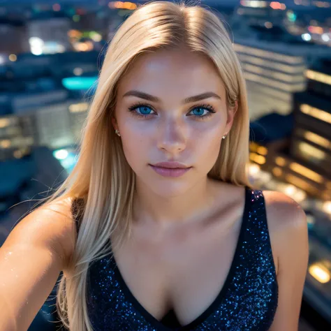 (selfie, top view: 1.4), (straight half of the body: 1.4), RAW UHD portrait photo of a 21-year-old blonde (blue-eyed woman) standing in rooftop club next to infinity pool, (skirt), (neckline), details (textures! , hair! , glitter, color!! , disadvantages: ...