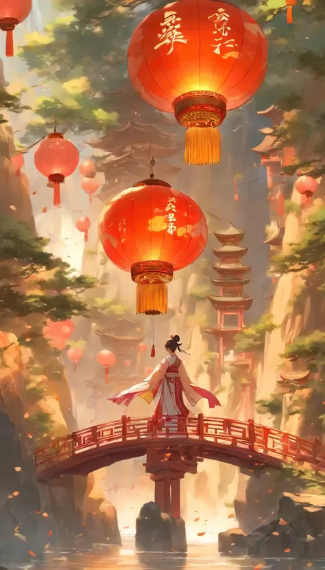 architecture, chinese architecture, landscapes, lanthanum, pylons, plein air, 天空, paper lanterns, 云, a bird, 建筑, The tree, is standing, mont, Bridge, hold ing, person wearing chinese clothes々,  ​masterpiece, top-quality,