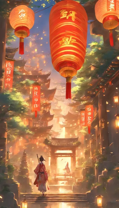 architecture, chinese architecture, landscapes, lanthanum, pylons, plein air, 天空, paper lanterns, 云, a bird, 建筑, The tree, sparklers, mont, Bridge, hold ing, a person々,  ​masterpiece, top-quality,