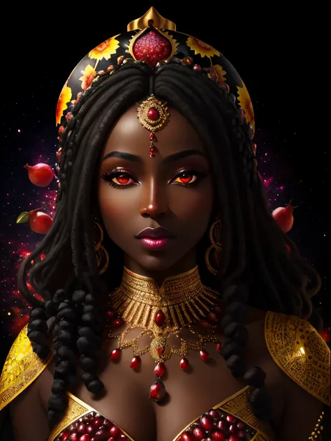 hyper realistic 3:4, a black skinned empress, pomegranates, fruits, in a yellow galaxy, vivid colors, light colors, daylight, in HD