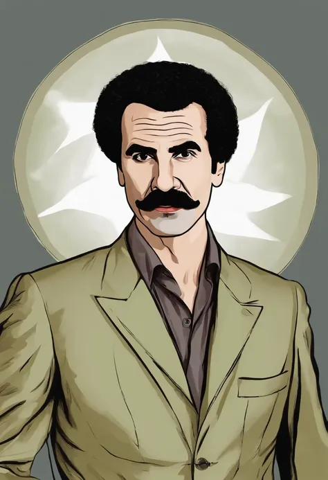 An image of Borat dressed as a paparazzo, sneaking into a red carpet event to capture exclusive celebrity moments.,original,His appearance is marked by a distinctive mustache, a suit of gray or brown, and often a bright green thong swimsuit. He exhibits a ...