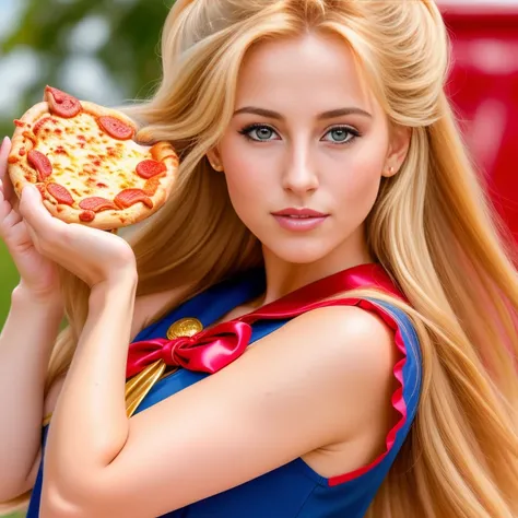 (Photorealistic, RAW photography, best quality, 4k, 8k, high res, masterpiece:1.2), ultra-detailed, golden bronde hair, long hair, mature and beautiful, realistic portrayal:1.2, Sailor Moon enjoying a delicious pepperoni pizza