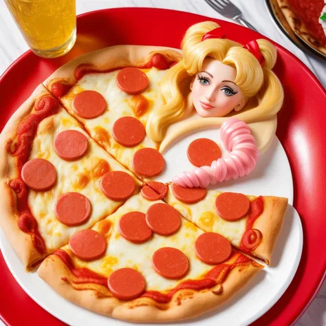 (Photorealistic, RAW photography, best quality, 4k, 8k, high res, masterpiece:1.2), ultra-detailed, golden bronde hair, long hair, mature and beautiful, realistic portrayal:1.2, Sailor Moon enjoying a delicious pepperoni pizza