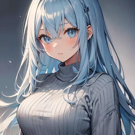 ((masterpiece, best quality)), (1girl), Girl with long light blue hair wearing a light gray cropped sweater over a dark gray dress, adult, medium sized breast