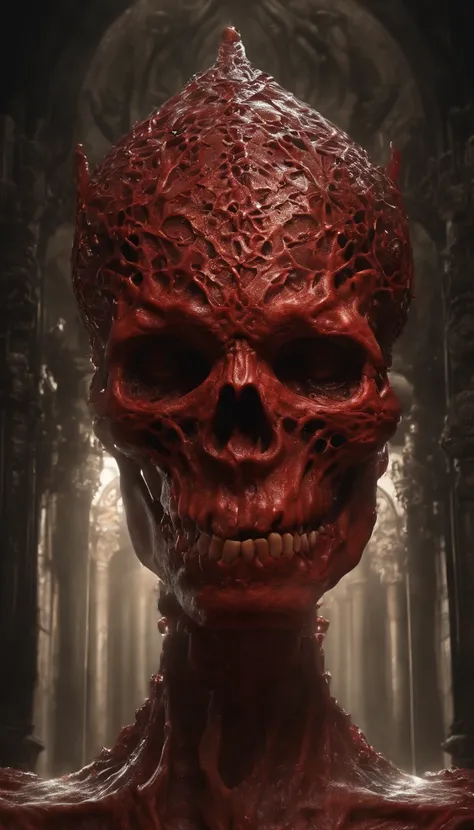 (ultra - detailed, A high resolution, Best quality at best, actual:1.37), Blood-red skull, Bone structure, full-body portraits, The presence of demons, fleshy texture, Surreal art, vivd colour, dramatic lights