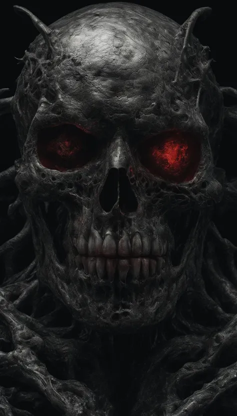 (ultra - detailed, A high resolution, Best quality at best, actual:1.37), Blood-red skull, Bone structure, full-body portraits, The presence of demons, fleshy texture, Surreal art, vivd colour, dramatic lights