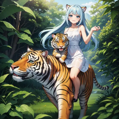 Girl in a white dress riding a tiger in the jungle, Light blue long hair、Twin-tailed、adorable smiling、steppe