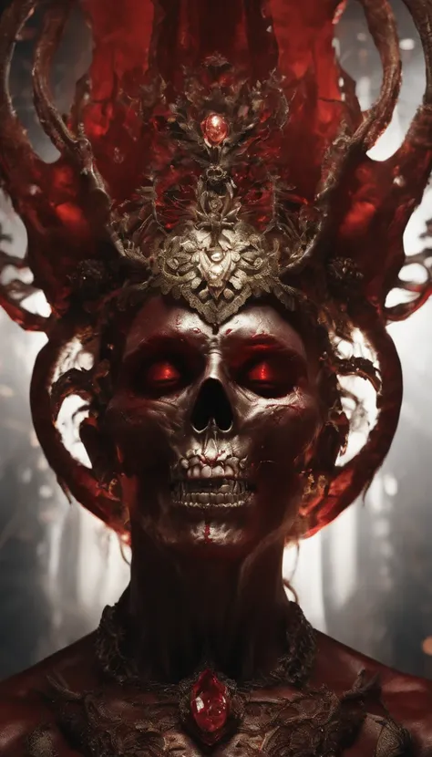 (ultra - detailed, A high resolution, Best quality at best, actual:1.37), Blood-red skull, Bone structure, full-body portraits, The presence of demons, fleshy texture, Surreal art, vivd colour, dramatic lights