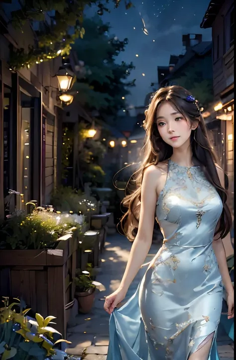 (Best quality at best,4K,8K,A high resolution,tmasterpiece:1.2),ultra - detailed,(actual,realisticlying,Photorealistic:1.37),A girl is in the garden,nigh sky,sky full of stars,New Moon,the city street,illustratio,Soft brushstrokes,Fantastic atmosphere,vivd...