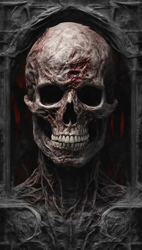 (ultra - detailed, A high resolution, Best quality, actual:1.37), Blood-red skull, Bone structure, full-body portraits, The presence of demons, Meat texture, Surreal art, vibrant with colors, dramatic lights