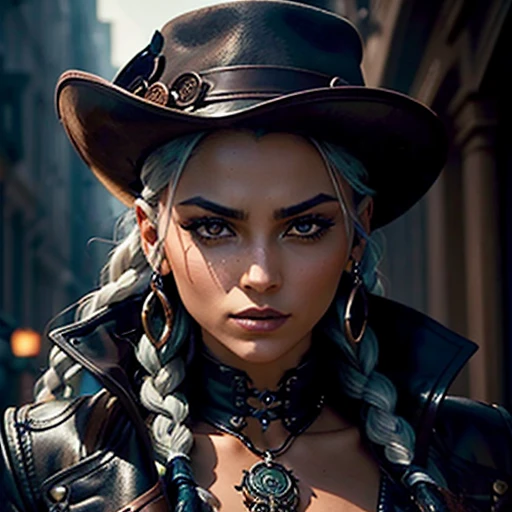 Generate a compelling image capturing the essence of Vendeta, a mysterious woman with fair, bronzed skin and platinum braids, dressed in modern steampunk leather and lace. Depict her in the nocturnal shadows, embodying both alluring beauty and a chaotic, d...