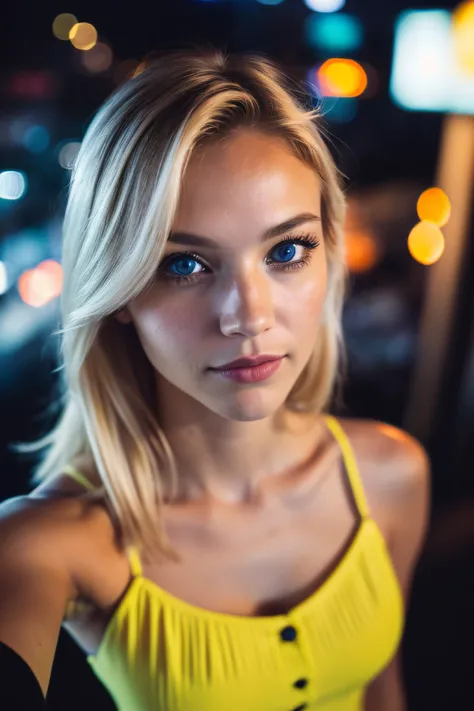 (selfie shot, from above: 1.4), (half-body portrait: 1.4), 24-year-old blonde (blue-eyed woman) walking in a bar RAW uhd portrait photo, natural breast_b, city background at night, (yellow sundress), (crack), detailed (texture!, hair!, shine, color!!, flaw...