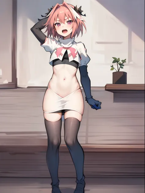 absurdres, masterpiece, best quality, (astolfo fate:1.2155), 1boy, male focus, trap, pink multicolored hair, pink hair, white hair, hair intakes, long hair, pink detailed eyes, crossdressing,1boy,team rocket,team rocket uniform,white skirt,crop top,black t...