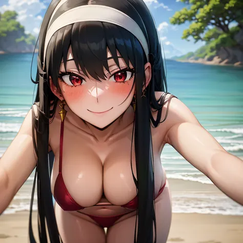 yor_forger, 1girl, solo, long hair, looking at viewer, blush, large breasts, black hair, red eyes, navel, jewelry, closed mouth,...