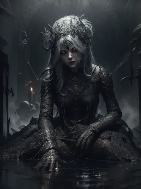 ((masterpiece, ultra detailed)), concept art, illustration, digital art, 1girl, solo, pale young woman surrounded by black smoke with ash ((angry face)) hidden in gothic cathedral, ( (very long hair, black hair)),((red iris and pupil)), knight, silver blac...