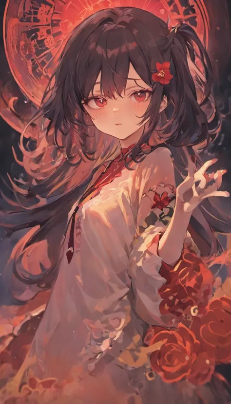 animemanga girl，Long black hair，whiteskirt，red rose, Tattooed with, Delicate and beautiful eyes, guweiz, guweiz on pixiv artstation, detailed digital anime art, Beautiful anime girls, guweiz on artstation pixiv, Anime style 4k, Guys, a beautiful anime port...