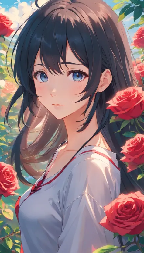 animemanga girl，Long black hair，whiteskirt，red rose, Tattooed with, Delicate and beautiful eyes, guweiz, guweiz on pixiv artstation, detailed digital anime art, Beautiful anime girls, guweiz on artstation pixiv, Anime style 4k, Guys, a beautiful anime port...