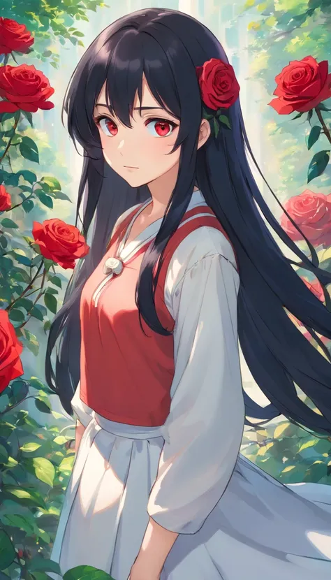 animemanga girl，Long black hair，whiteskirt，red rose, Tattooed with, Delicate and beautiful eyes, guweiz, guweiz on pixiv artstation, detailed digital anime art, Beautiful anime girls, guweiz on artstation pixiv, Anime style 4k, Guys, a beautiful anime port...