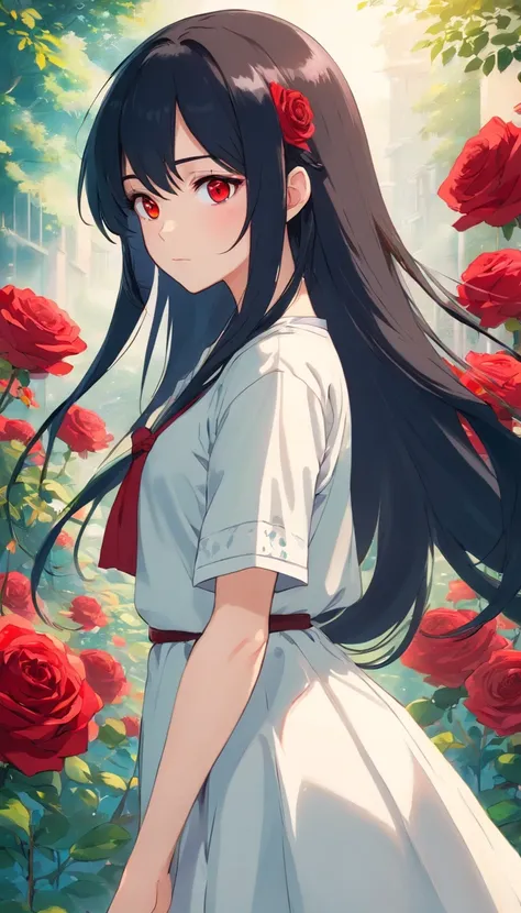 animemanga girl，Long black hair，whiteskirt，red rose, Tattooed with, Delicate and beautiful eyes, guweiz, guweiz on pixiv artstation, detailed digital anime art, Beautiful anime girls, guweiz on artstation pixiv, Anime style 4k, Guys, a beautiful anime port...