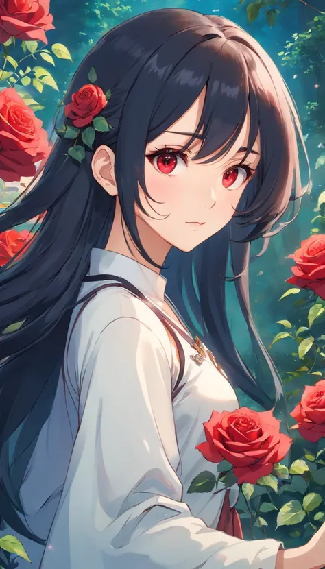 animemanga girl，Long black hair，whiteskirt，red rose, Tattooed with, Delicate and beautiful eyes, guweiz, guweiz on pixiv artstation, detailed digital anime art, Beautiful anime girls, guweiz on artstation pixiv, Anime style 4k, Guys, a beautiful anime port...