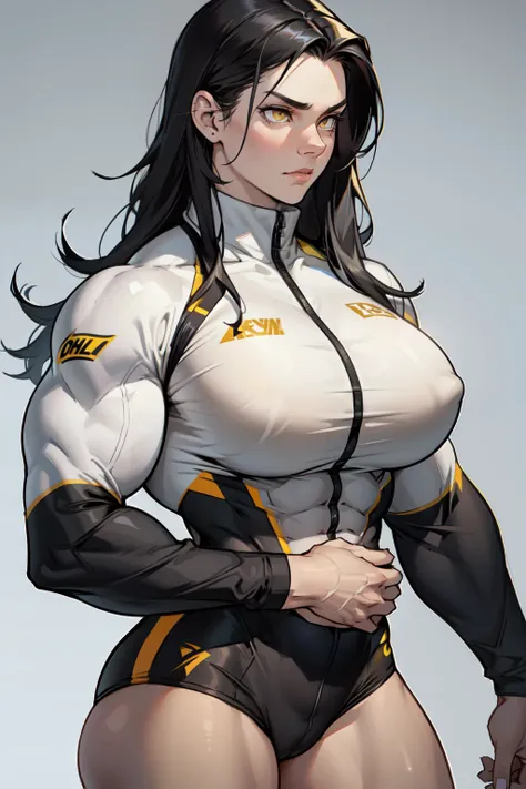 ((1girl)) pale skin (huge breasts) (muscular) toned body thick thighs black hair yellow eyes (long hair grey background) bodybuilder depressed long sleeve leotard