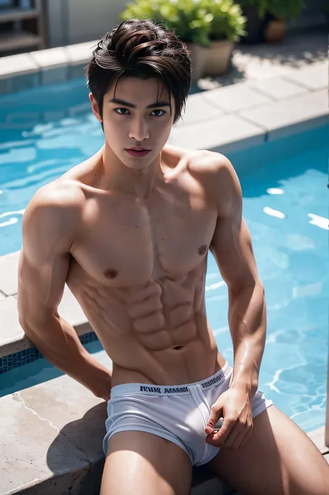 arafed boy in a hip white boxer brief, Full Body Shoot, Quiff haircut, look at camera, detailed facial parts, Barbarousness,Manly, Bad Boy, Pool background, Sexy Pose, Sex Manaice, perfect anatomy, symmetric body, asian boy 19 years old, shirtless :: high ...