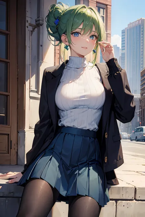 masterpiece:1.2, best quality, ((ultra detailed)), high resolution, 2d, anime style , photo, photography, detailed background, ((medium hair,green hair, half updo,medium breasts,earrings)) BREAK solo,(droopy eyes:1.3),30 years old, (sexy girl,tall face, ta...