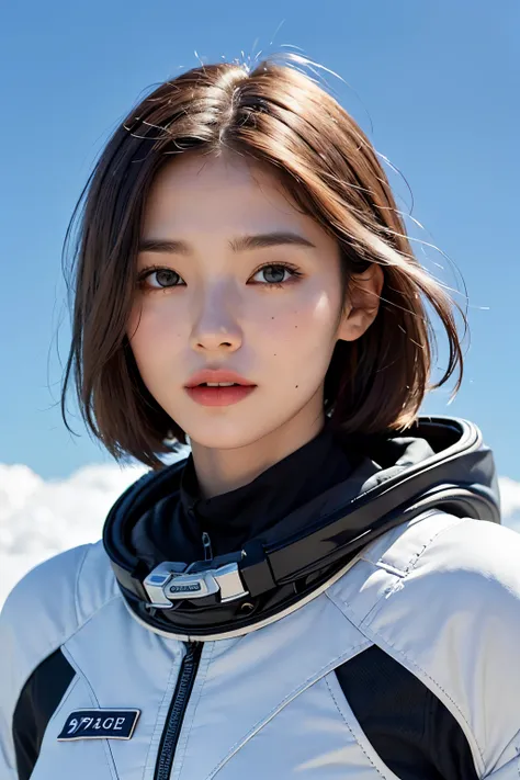 top-quality、​masterpiece、超A high resolution、(realisitic:1.4)、Beautuful Women１、Beautiful detail eyes and skin、ssmile、Light brown short-cut hair、The perfect spacesuit、spaceships、cosmic space、Ice and Snow Planet、cloudy ash sky、weak sunshine、