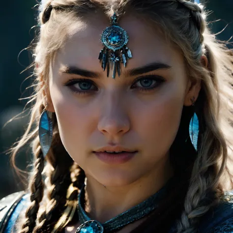 un primer plano de una mujer con un ojo azul y un tocado, Imogen Poots como un guerrero santo, cinematic goddess close shot, Vikingo femenino, norse goddess, trenzas rubias y ojos azules, as a mystical valkyrie, Princesa guerrera, Beautiful Nordic woman, c...