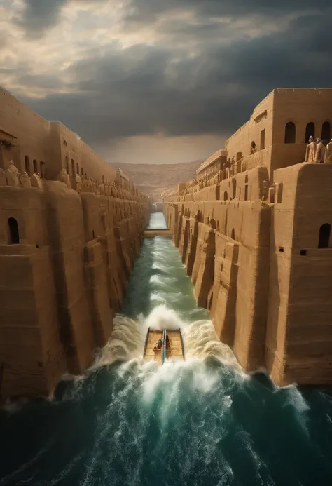 The Exodus of Moses、600,000 people々There are huge walls of water on both sides..、.、A large crowd passes between walls of water、water passage、water passage