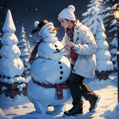 Human and snowman dancing together