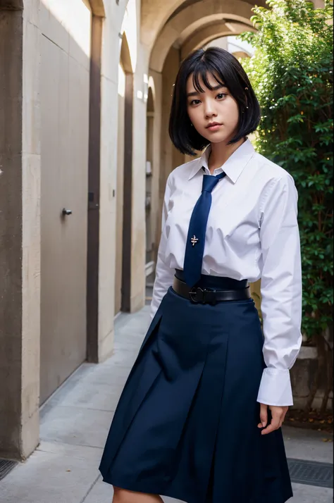 girl, bob hair, convent, white shirt, long sleeves, loose necktie, navy blue long skirt, black belt,