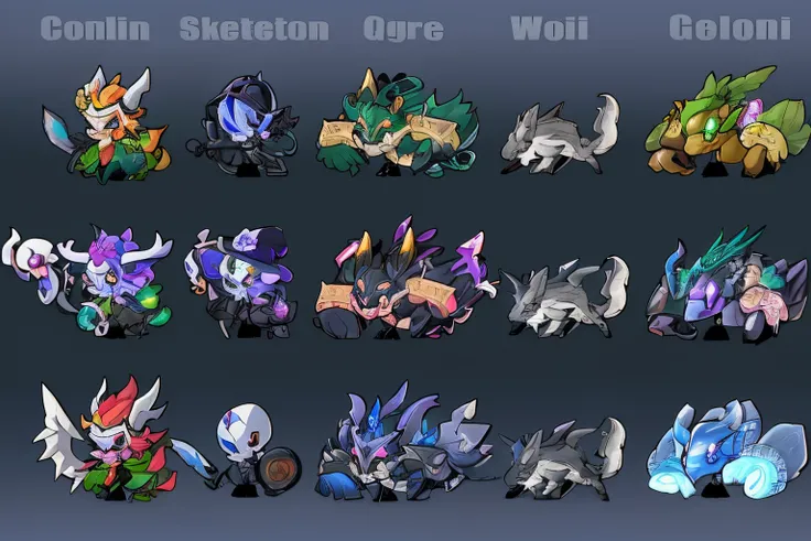 Close-up of a bunch of different types of Pokémon, species fusion, A set of high-quality HD elves, Cute cyber god, style of league of legends, All skeletons, correct style, characters merged, League of Legends style, league of legends art style, conceptual...