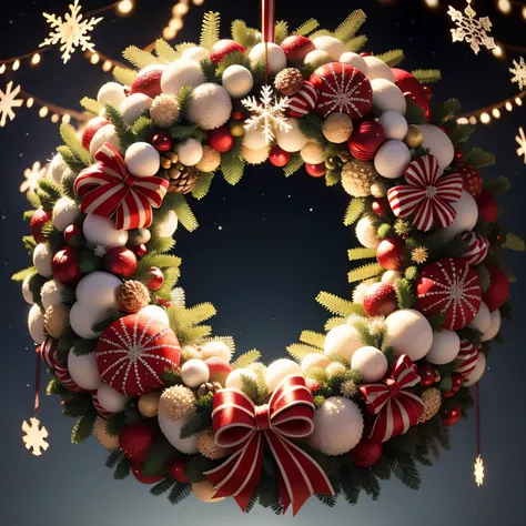 round Christmas wreath of snowflakes hanging in the air