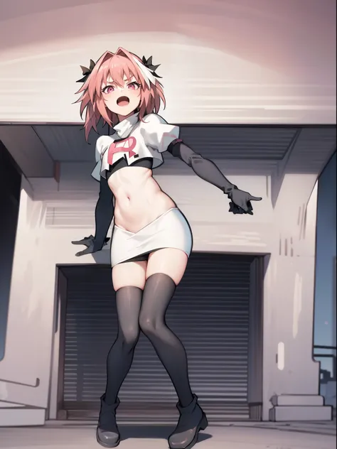 absurdres, masterpiece, best quality, (astolfo fate:1.2155), 1boy, male focus, trap, pink multicolored hair, pink hair, white hair, hair intakes, long hair, pink detailed eyes, crossdressing,1boy,team rocket,team rocket uniform,white skirt,crop top,black t...